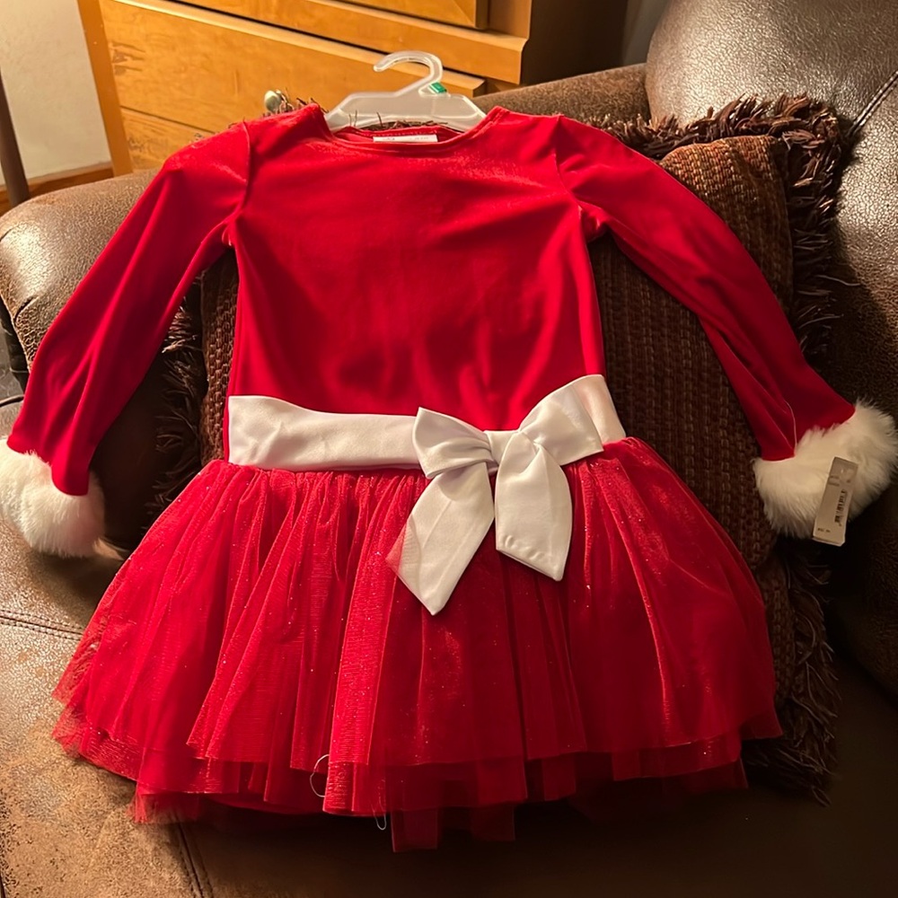 Bonnie Jean Babydoll Ruffled Red Dress with white fake fur on the sleeve.